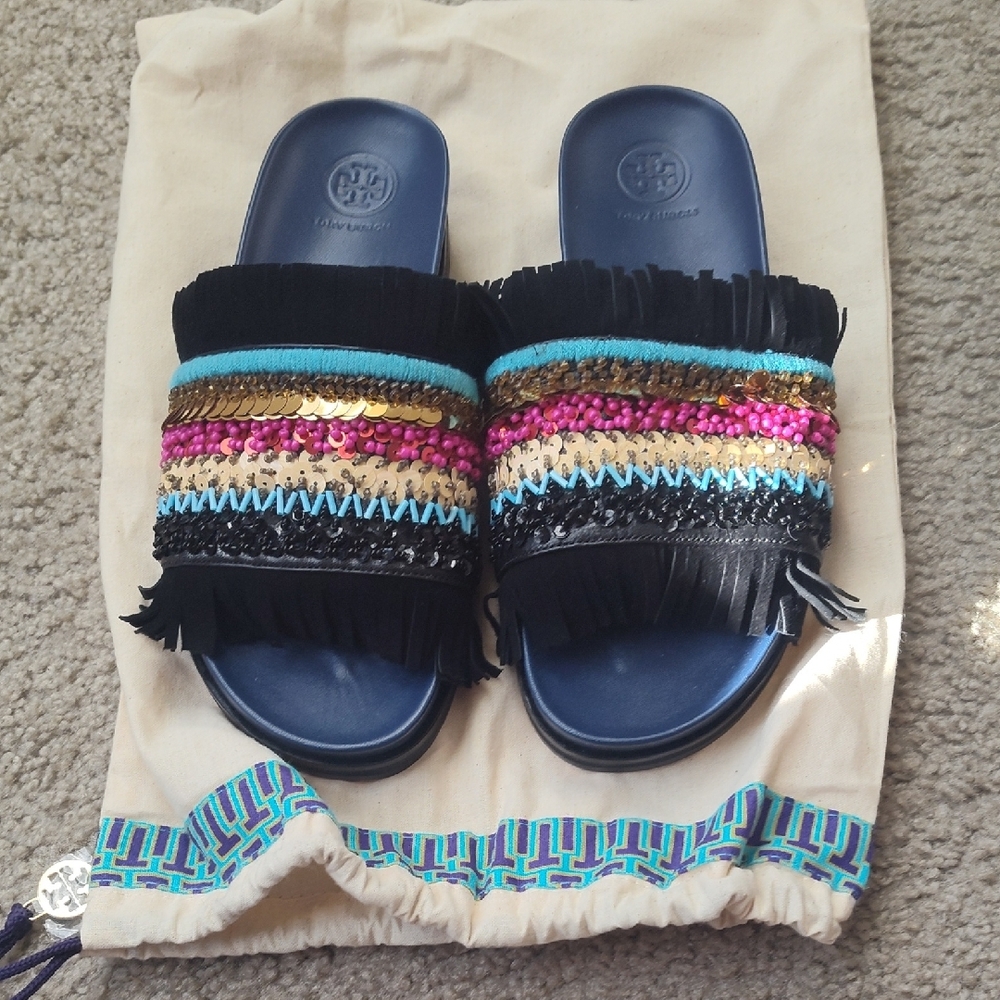 Tory Burch Colorful Fringe Slide Sandals